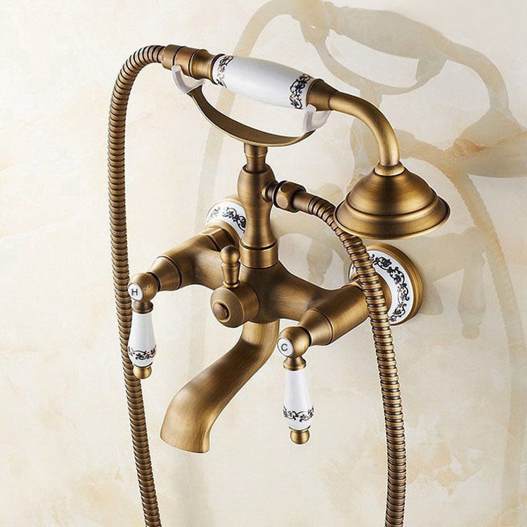 Antique Brass Wall Mounted Bathroom Tub Faucet Dual Ceramics Handles Telephone Style Hand Shower, Specification:Telephone Shower + Fixed Seat - Shower Head by buy2fix | Online Shopping UK | buy2fix