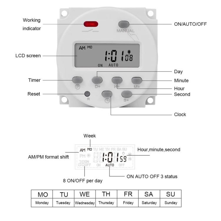 SINOTIMER CN101S-2 220V 1 Second Interval Digital LCD Timer Switch 7 Days Weekly Programmable Time Relay - Switch by SINOTIMER | Online Shopping UK | buy2fix