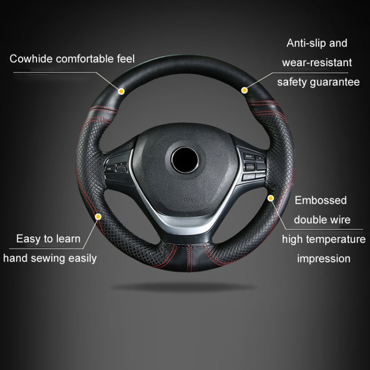 38cm Cowhide Embossed Hand-Stitched Double-Line Steering Wheel Cover(Black White Line) - Steering Wheel Accessories by buy2fix | Online Shopping UK | buy2fix