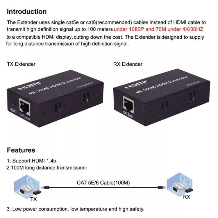 HDMI To RJ45 Single Ethernet Cable 100m Extender 4K HD Cable Signal Amplifier EU Plug(Black) - Amplifier by buy2fix | Online Shopping UK | buy2fix