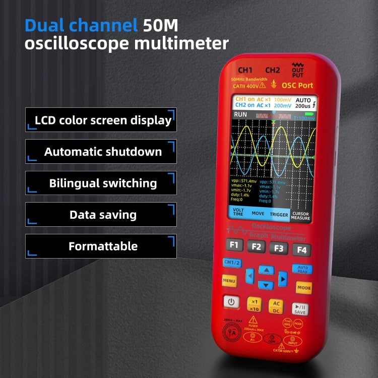 BSIDE O9 Digital Handheld Dual Channel 50MHz Oscilloscope Signal Source Multimeter, Spec: With Dual Oscilloscope Probe (Red) - Digital Multimeter by BSIDE | Online Shopping UK | buy2fix