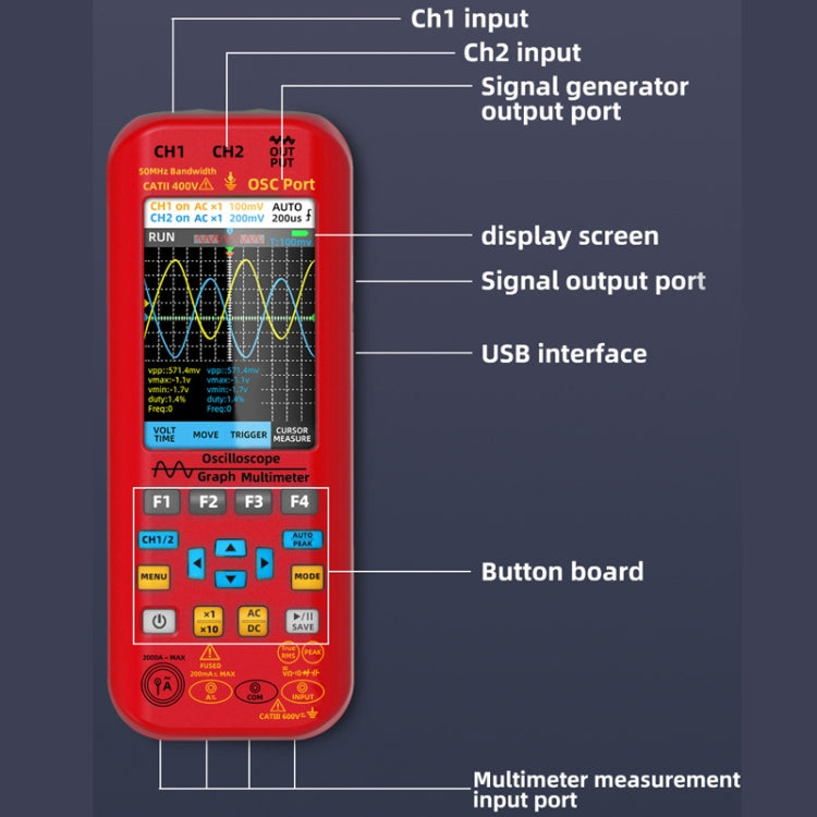 BSIDE O9 Digital Handheld Dual Channel 50MHz Oscilloscope Signal Source Multimeter, Spec: With Single Oscilloscope Probe (Red) - Digital Multimeter by BSIDE | Online Shopping UK | buy2fix