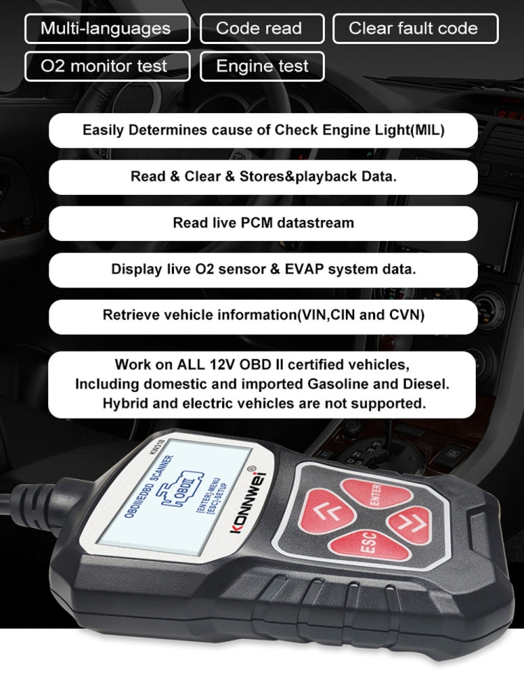 KONNWEI KW310 OBD Car Fault Detector Code Reader ELM327 OBD2 Scanner Diagnostic Tool(Black) - Code Readers & Scan Tools by KONNWEI | Online Shopping UK | buy2fix