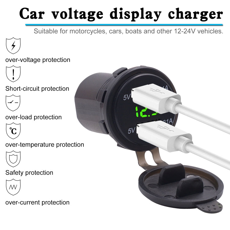 Universal Car Dual Port USB Charger Power Outlet Adapter 3.1A 5V IP66 with LED Digital Voltmeter + 60cm Cable(Green Light) - Car Charger by buy2fix | Online Shopping UK | buy2fix