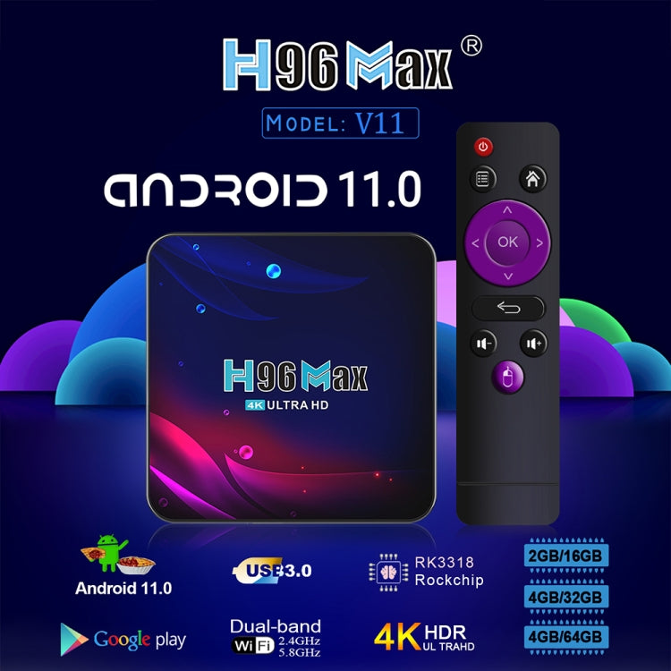 H96 Max V11 4K Smart TV BOX Android 11.0 Media Player with Remote Control, RK3318 Quad-Core 64bit Cortex-A53, RAM: 2GB, ROM: 16GB, Support Dual Band WiFi, Bluetooth, Ethernet, US Plug - Consumer Electronics by buy2fix | Online Shopping UK | buy2fix