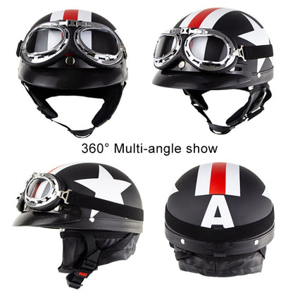 Soman Electromobile Motorcycle Half Face Helmet Retro Harley Helmet with Goggles(Bright White Red Star) -  by SOMAN | Online Shopping UK | buy2fix