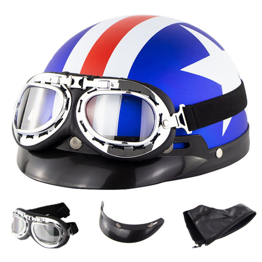 Soman Electromobile Motorcycle Half Face Helmet Retro Harley Helmet with Goggles(Matte Blue French White Star) -  by SOMAN | Online Shopping UK | buy2fix