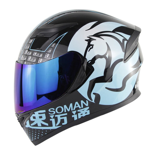 Soman SM-960 Motorcycle Electromobile Full Face Helmet Double Lens Protective Helmet(Blue with Blue Lens) -  by SOMAN | Online Shopping UK | buy2fix