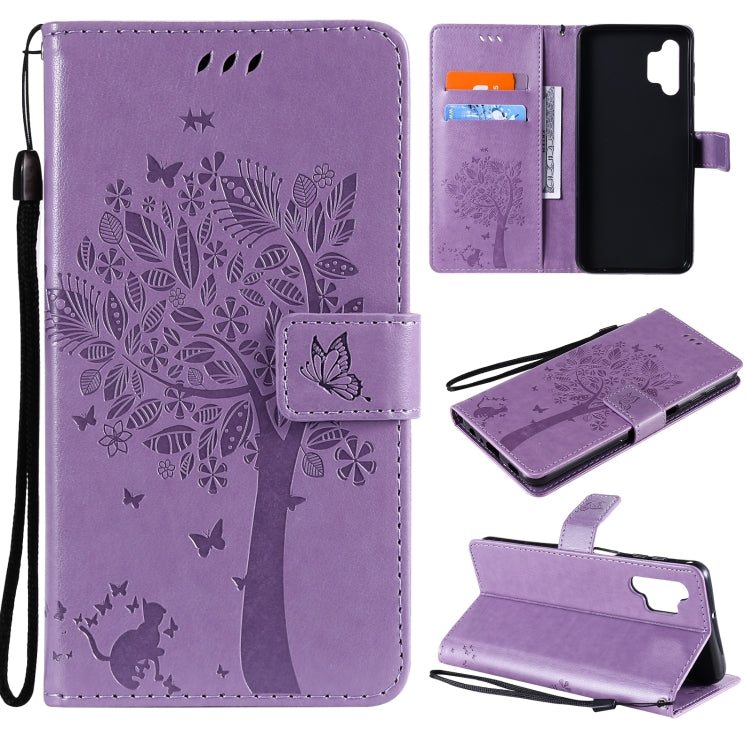 For Samsung Galaxy A32 5G Tree & Cat Pattern Pressed Printing Horizontal Flip PU Leather Case with Holder & Card Slots & Wallet & Lanyard(Lavender) - Galaxy Phone Cases by imak | Online Shopping UK | buy2fix