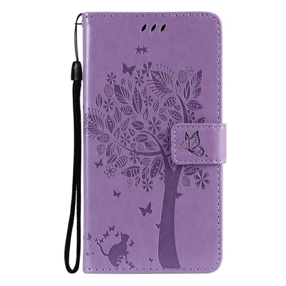 For Samsung Galaxy A32 5G Tree & Cat Pattern Pressed Printing Horizontal Flip PU Leather Case with Holder & Card Slots & Wallet & Lanyard(Lavender) - Galaxy Phone Cases by imak | Online Shopping UK | buy2fix