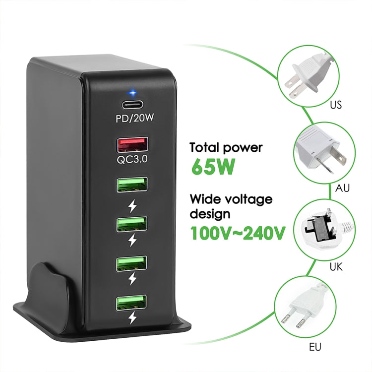 6 in 1 65W PD USB-C / Type-C + QC 3.0 USB + 4 USB Multi-port Travel Charger, US Plug(Black) - Mobile Accessories by buy2fix | Online Shopping UK | buy2fix