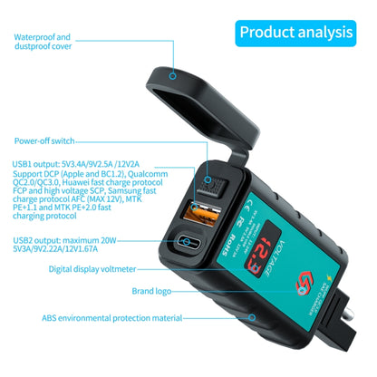 WUPP ZH-1422B3 DC12-24V Motorcycle Square Single USB + PD Fast Charging Charger with Switch + Voltmeter + Integrated SAE Socket + 1.4m OT Terminal Cable - Battery Charger by WUPP | Online Shopping UK | buy2fix