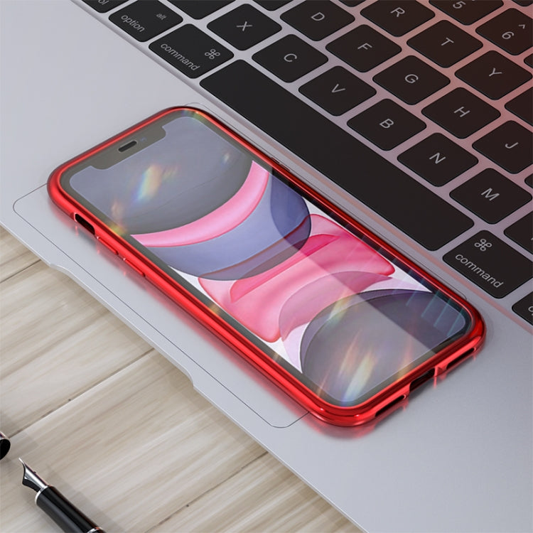 For iPhone 11 Ultra Slim Double Sides Magnetic Adsorption Angular Frame Tempered Glass Magnet Flip Case(Silver) - Apple Accessories by buy2fix | Online Shopping UK | buy2fix