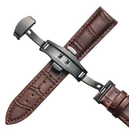 22mm Classic Cowhide Leather Black Butterfly Buckle Watch Band(Brown) - 22mm Bands by buy2fix | Online Shopping UK | buy2fix