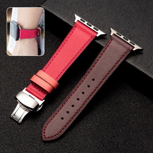 Butterfly Clasp  Top Layer Cowhide Leather Strap Watch Band For Apple Watch Ultra 49mm / Series 8&7 45mm / SE 2&6&SE&5&4 44mm / 3&2&1 42mm(Red) - Watch Bands by buy2fix | Online Shopping UK | buy2fix