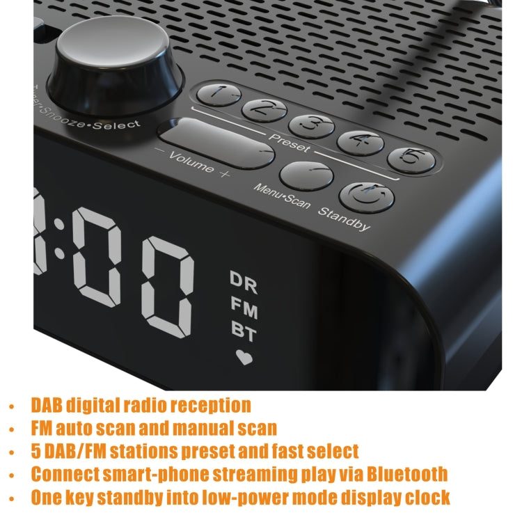 DAB-A5 LED Display Bedside DAB/FM Clock Radio with Bluetooth Speaker, EU Version(Black) - Consumer Electronics by buy2fix | Online Shopping UK | buy2fix