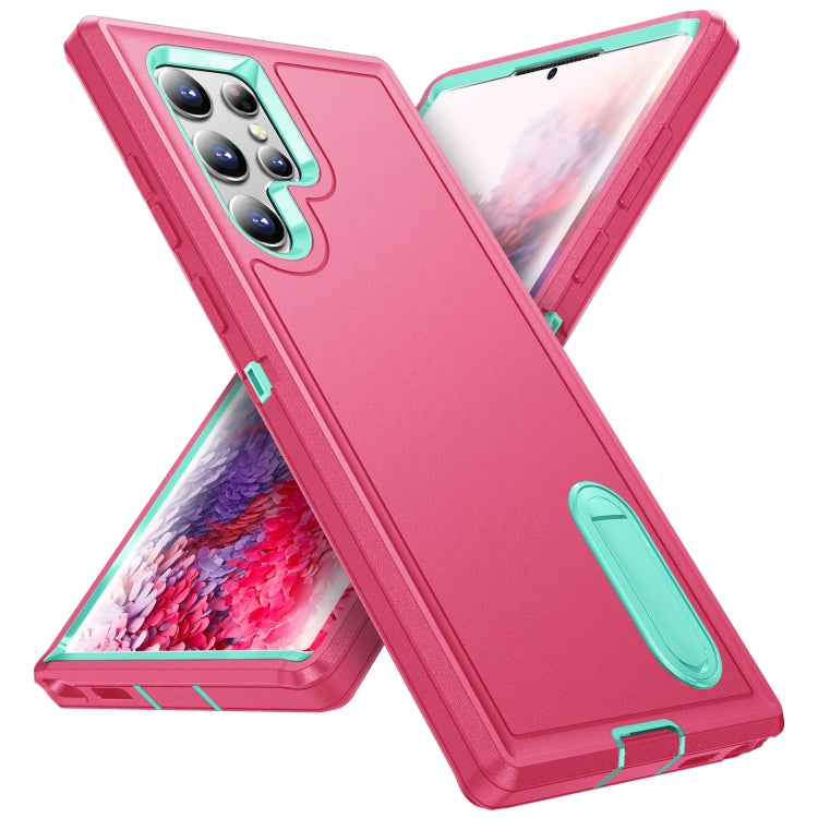 For Samsung Galaxy S22 Ultra 5G 3 in 1 Rugged Holder Phone Case(Pink+Blue) - Samsung Accessories by buy2fix | Online Shopping UK | buy2fix