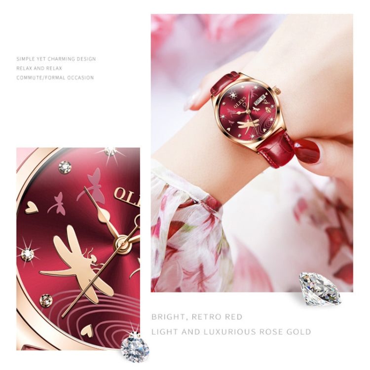 OLEVS 6611 Dragonfly Dual Calendar Mechanical Ladies Watch(Wine Red) - Leather Strap Watches by OLEVS | Online Shopping UK | buy2fix