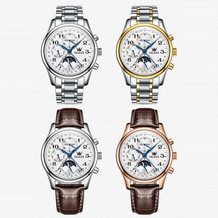 OLEVS 6667 Multifunction Waterproof Luminous Mechanical Men Watch(Steel Band+White) - Metal Strap Watches by OLEVS | Online Shopping UK | buy2fix