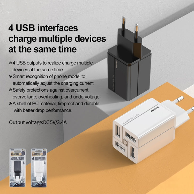 REMAX RP-U43 3.4A 4 USB Port Fast Charger, Specification:EU Plug(White) - Mobile Accessories by REMAX | Online Shopping UK | buy2fix