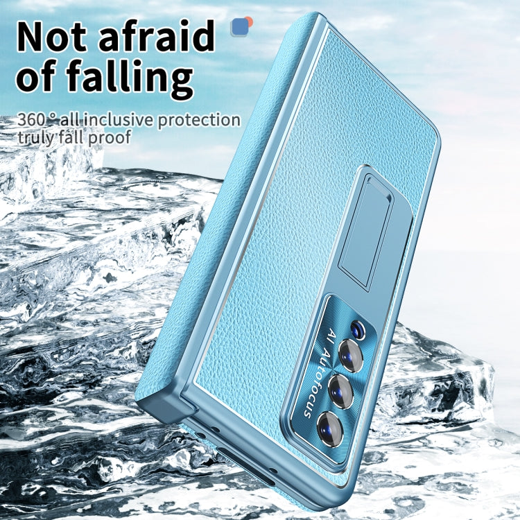 For Samsung Galaxy Z Fold4 Litchi Pattern Magnetic Shell Film Integrated Shockproof Phone Case(Far Peak Blue) - Galaxy Z Fold4 5G Cases by buy2fix | Online Shopping UK | buy2fix