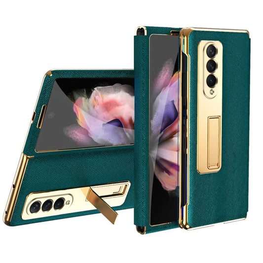 For Samsung Galaxy Z Fold4 Cross Texture Integrated Electroplating Hinge Flip Phone Case with Tempered Film(Cyan) - Galaxy Z Fold4 5G Cases by buy2fix | Online Shopping UK | buy2fix