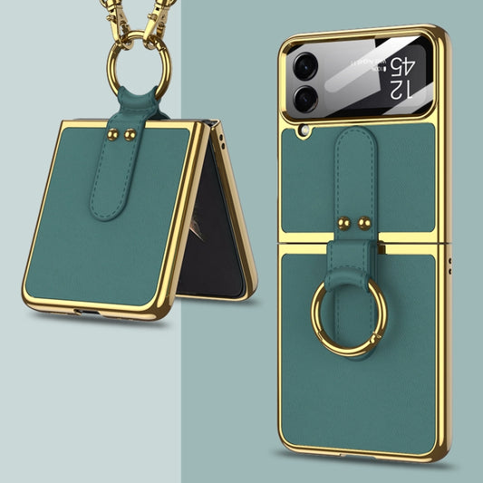 For Samsung Galaxy Z Flip4 GKK Plating + Leather Phone Case with Ring & Strap(Green) - Galaxy Z Flip4 5G Cases by GKK | Online Shopping UK | buy2fix