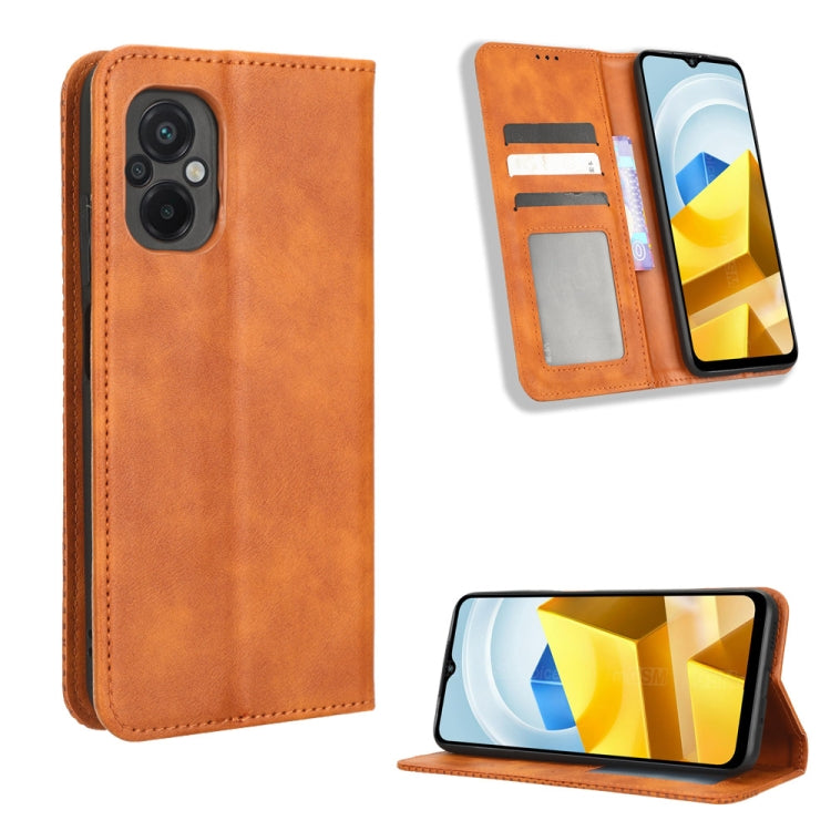 For Xiaomi Poco M5 Magnetic Buckle Retro Texture Leather Phone Case(Brown) - Poco M5 Cases by buy2fix | Online Shopping UK | buy2fix