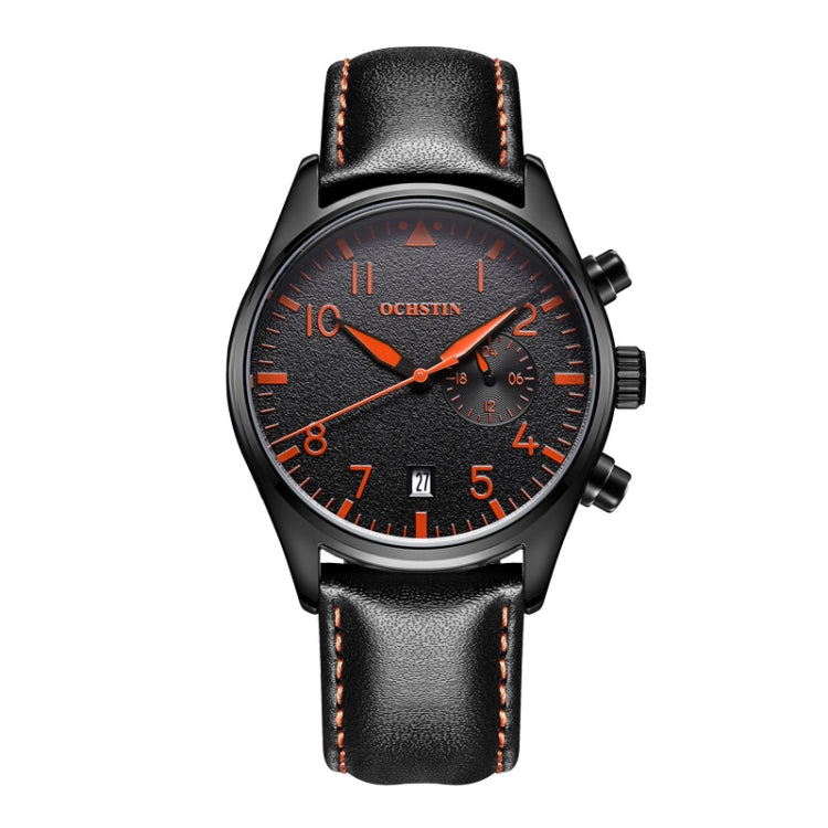 Ochstin 5043C Multifunctional Business Waterproof Leather Strap Quartz Watch(Black+Black+Orange) - Leather Strap Watches by OCHSTIN | Online Shopping UK | buy2fix