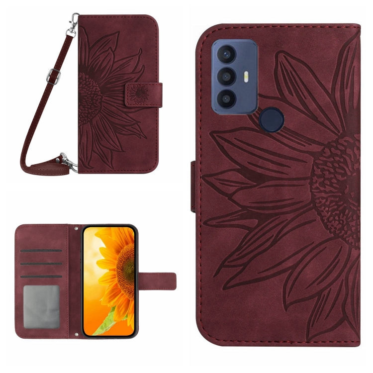For TCL 30 SE/30E/306/305 Skin Feel Sun Flower Pattern Flip Leather Phone Case with Lanyard(Wine Red) - More Brand by buy2fix | Online Shopping UK | buy2fix