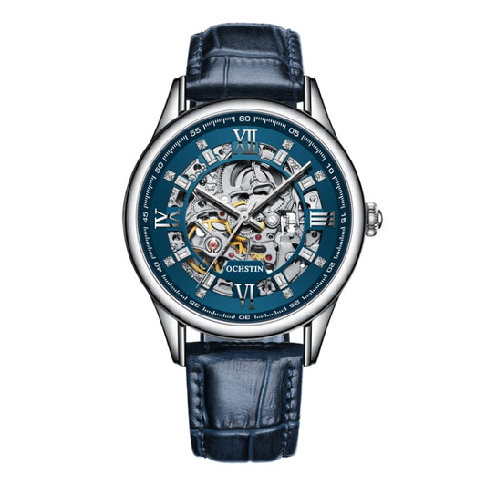 OCHSTIN 6020D Masterpiece Hollow Mechanical Men Watch(Silver-Blue) - Leather Strap Watches by OCHSTIN | Online Shopping UK | buy2fix