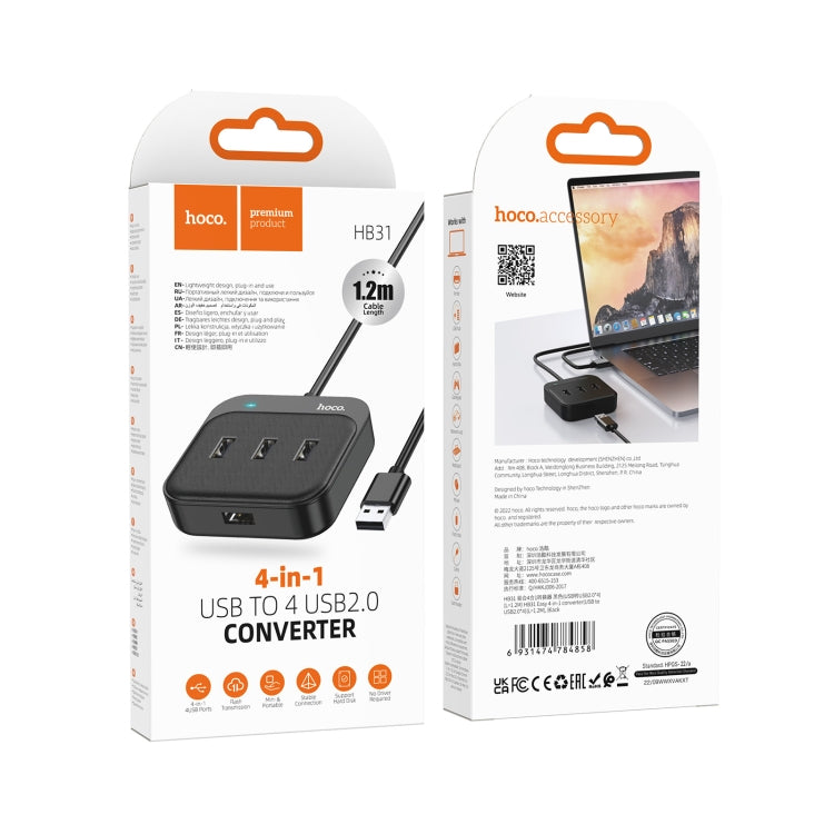 hoco HB31 Easy 4 in 1 USB to USB2.0x4 Converter, Cable Length:1.2m(Black) - Computer & Networking by hoco | Online Shopping UK | buy2fix