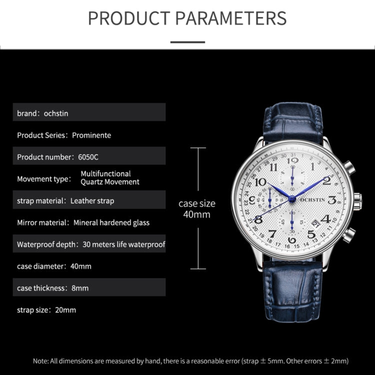 Ochstin 6050C Multifunctional Quartz Men Leather Watch(Silver+Black) - Leather Strap Watches by OCHSTIN | Online Shopping UK | buy2fix