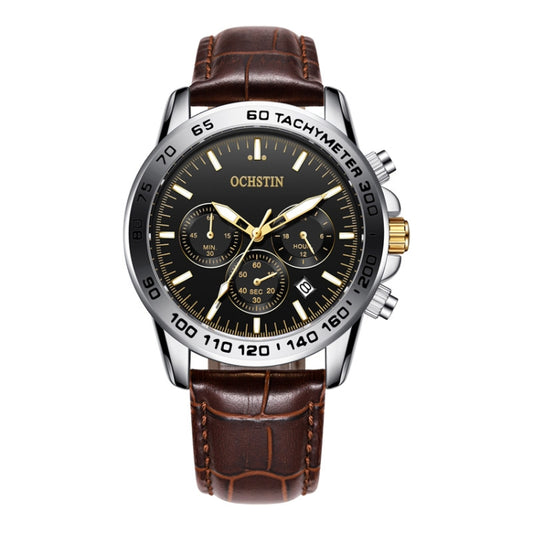 OCHSTIN 6117C Multifunctional Quartz Waterproof Men Leather Watch(Silver+Coffee) - Leather Strap Watches by OCHSTIN | Online Shopping UK | buy2fix