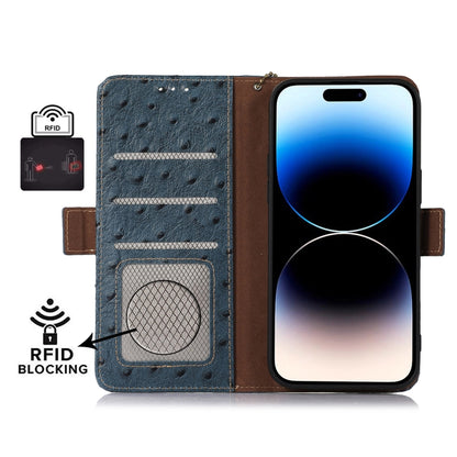 For Motorola Moto E13 4G 2023 Ostrich Pattern Genuine Leather RFID Phone Case(Blue) - Motorola Cases by buy2fix | Online Shopping UK | buy2fix