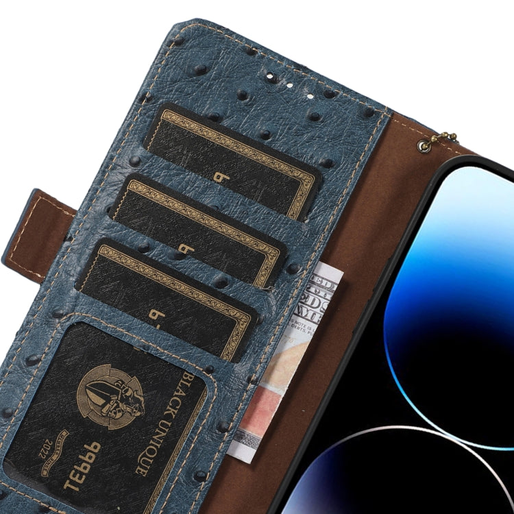 For Motorola Moto E13 4G 2023 Ostrich Pattern Genuine Leather RFID Phone Case(Blue) - Motorola Cases by buy2fix | Online Shopping UK | buy2fix