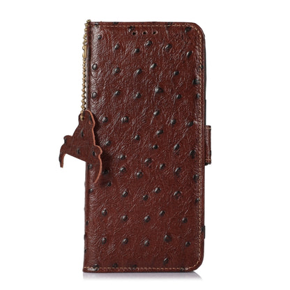 For Motorola Moto E13 4G 2023 Ostrich Pattern Genuine Leather RFID Phone Case(Coffee) - Motorola Cases by buy2fix | Online Shopping UK | buy2fix