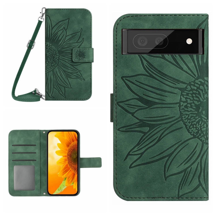 For Google Pixel 7A Skin Feel Sun Flower Pattern Flip Leather Phone Case with Lanyard(Green) - Google Cases by buy2fix | Online Shopping UK | buy2fix