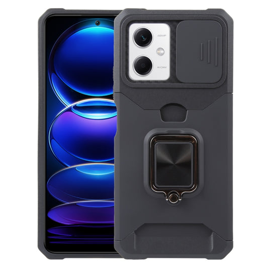 For Xiaomi Redmi Note 12 5G / Poco X5 Camera Shield Card Slot Phone Case with Ring Holder(Black) - Note 12 Cases by buy2fix | Online Shopping UK | buy2fix