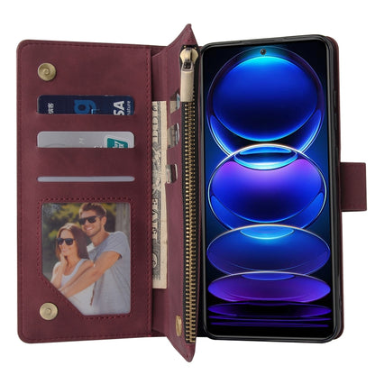 For Xiaomi Redmi Note 12 5G Global India / Poco X5 Multifunctional Multi-Card Wallet Phone Leather Case(Wine Red) - Note 12 Cases by buy2fix | Online Shopping UK | buy2fix