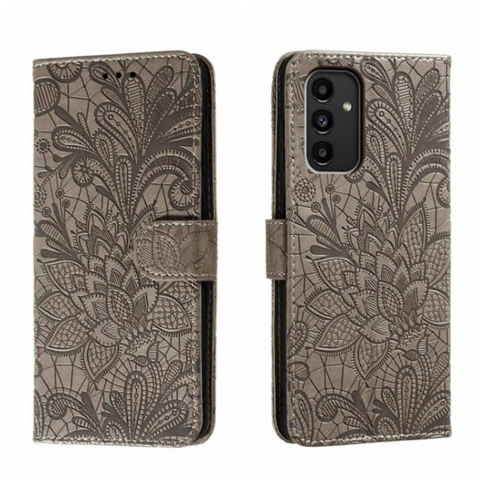 For Samsung Galaxy A14 4G Lace Flower Embossing Flip Leather Phone Case(Grey) - Galaxy Phone Cases by buy2fix | Online Shopping UK | buy2fix