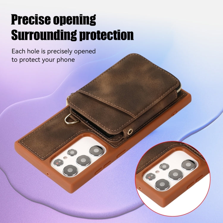 For Samsung Galaxy S22 Ultra 5G Zipper Card Bag Back Cover Phone Case(Brown) - Galaxy S22 Ultra 5G Cases by buy2fix | Online Shopping UK | buy2fix