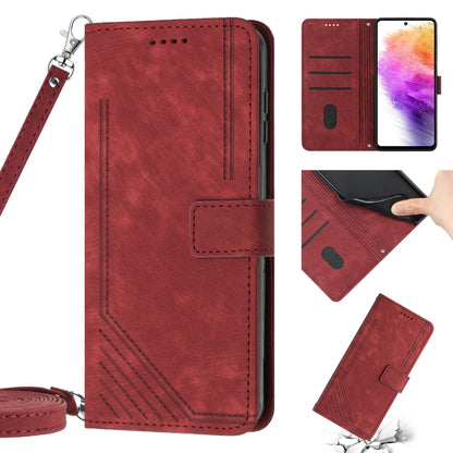 For Samsung Galaxy A03 Core Skin Feel Stripe Pattern Leather Phone Case with Lanyard(Red) - Galaxy Phone Cases by buy2fix | Online Shopping UK | buy2fix