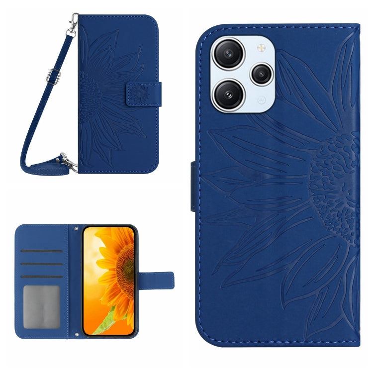 For Xiaomi Redmi 12 4G Global Skin Feel Sun Flower Embossed Flip Leather Phone Case with Lanyard(Dark Blue) - Xiaomi Cases by buy2fix | Online Shopping UK | buy2fix