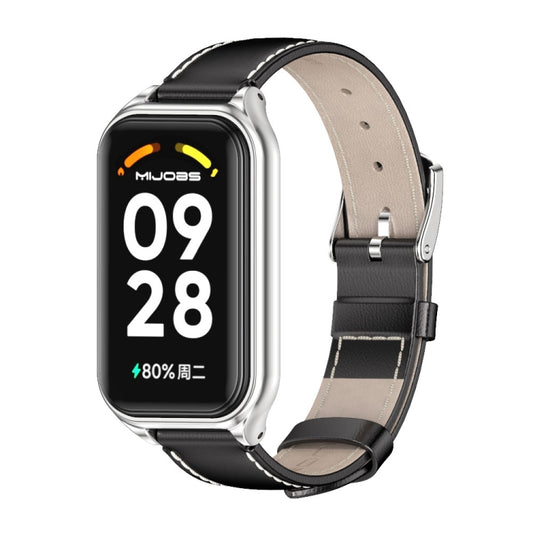 For Redmi Band 2 Mijobs Metal Shell Genuine Leather Watch Band(Black Silver) - Watch Bands by MIJOBS | Online Shopping UK | buy2fix