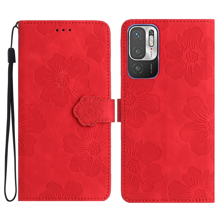 For Xiaomi Redmi Note 10 5G Flower Embossing Pattern Leather Phone Case(Red) - Xiaomi Cases by buy2fix | Online Shopping UK | buy2fix