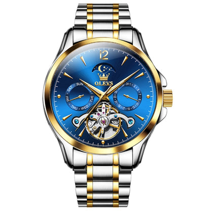 OLEVS 6663 Men Multifunctional Waterproof Hollow Steel Strap Mechanical Watch(Blue + Gold) - Metal Strap Watches by buy2fix | Online Shopping UK | buy2fix