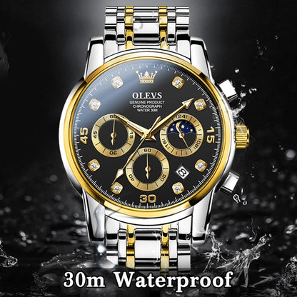 OLEVS 2889 Men Multifunctional Luminous Waterproof Quartz Watch(Black + Gold) - Metal Strap Watches by OLEVS | Online Shopping UK | buy2fix