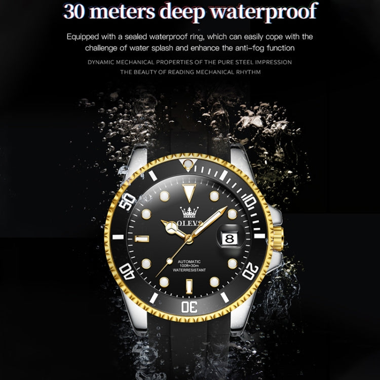 OLEVS 6650 Men Luminous Waterproof Silicone Strap Mechanical Watch(Black + Gold) - Silicone Strap Watches by OLEVS | Online Shopping UK | buy2fix