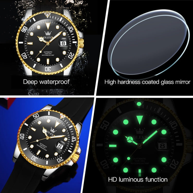 OLEVS 6650 Men Luminous Waterproof Silicone Strap Mechanical Watch(Black + Gold) - Silicone Strap Watches by OLEVS | Online Shopping UK | buy2fix